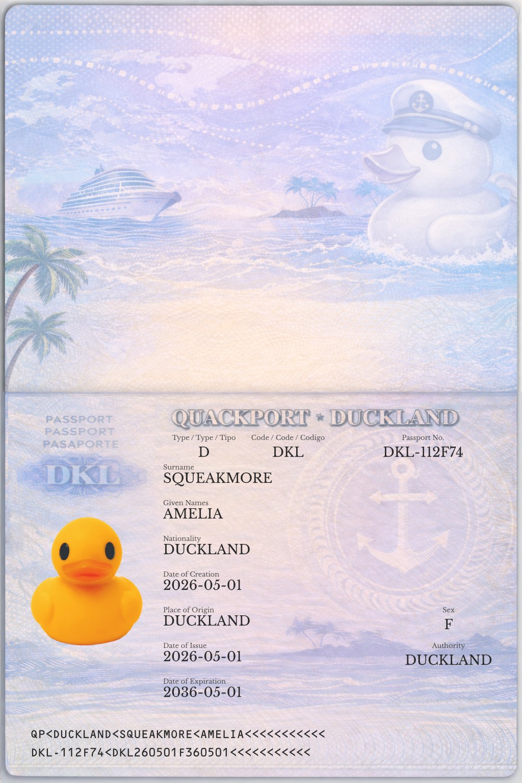 Official duck passport for AMELIA SQUEAKMORE