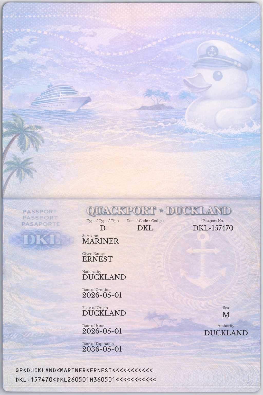 Official duck passport for ERNEST MARINER