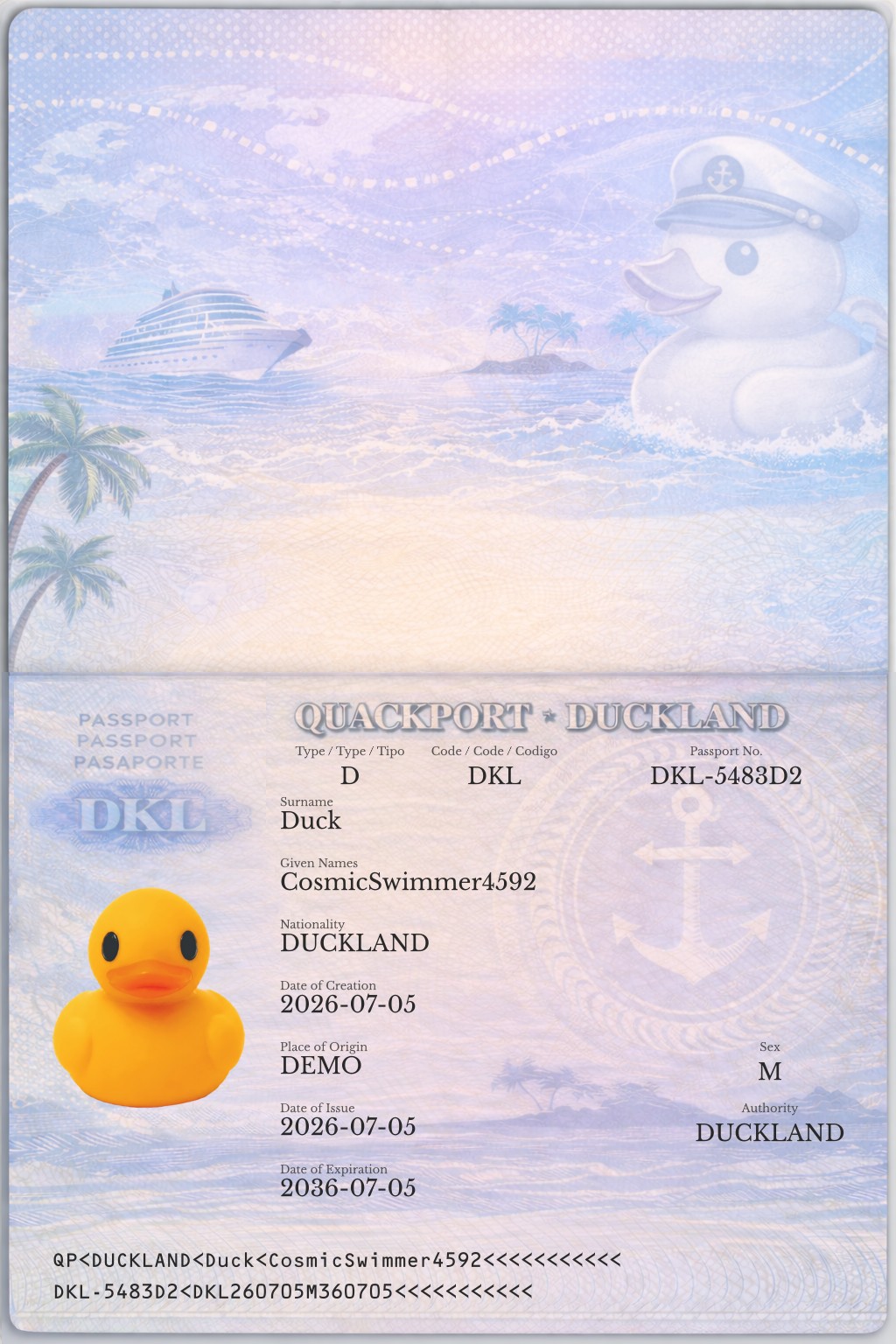 Official duck passport for CosmicSwimmer4592 Duck