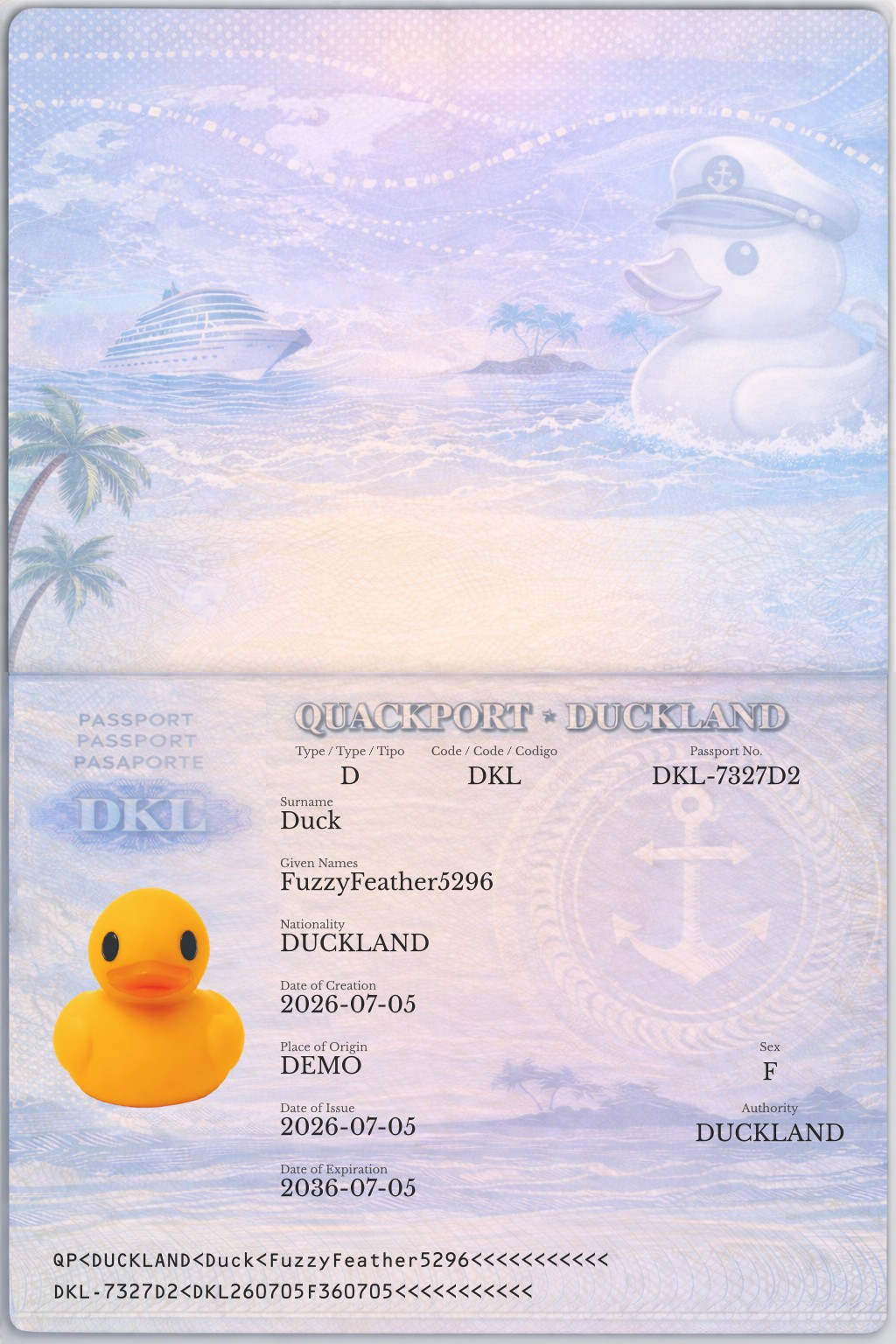 Official duck passport for FuzzyFeather5296 Duck