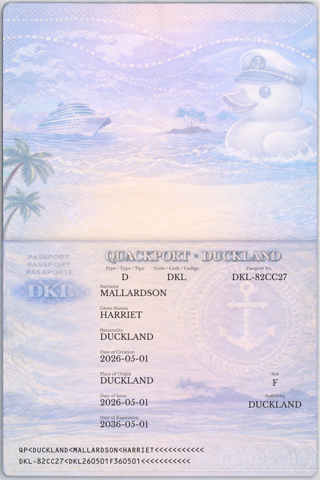 Official duck passport for HARRIET MALLARDSON